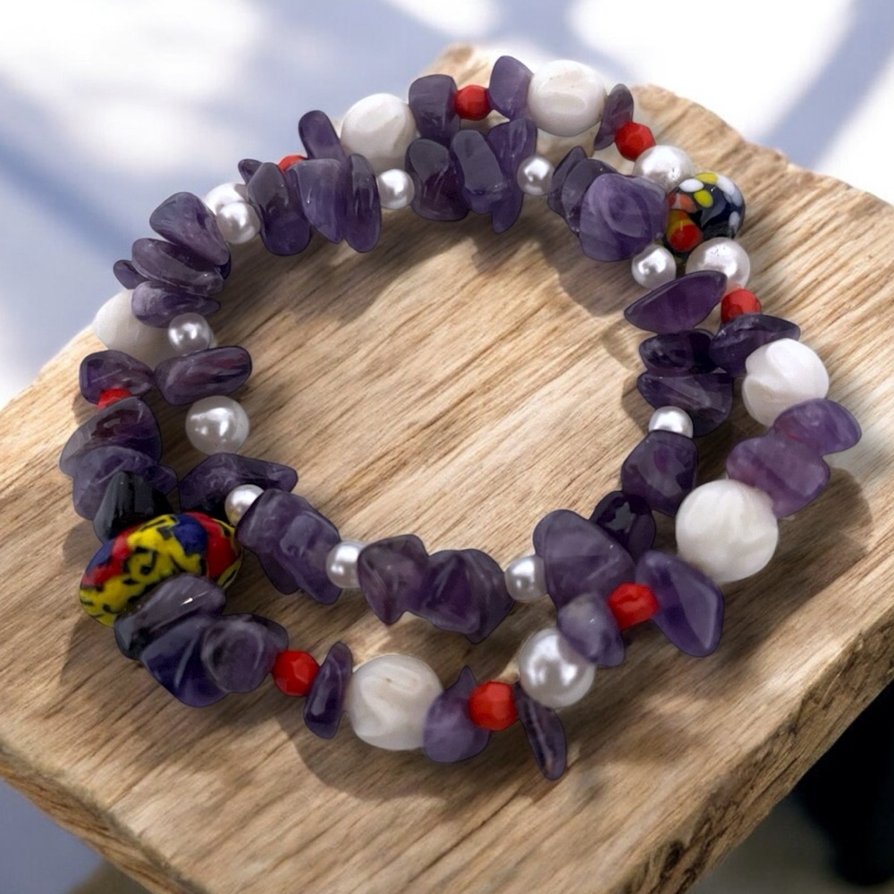 Mommy and Baby Purple Amethyst Faux Pearls Recycled Vintage Beaded Bracelet Set